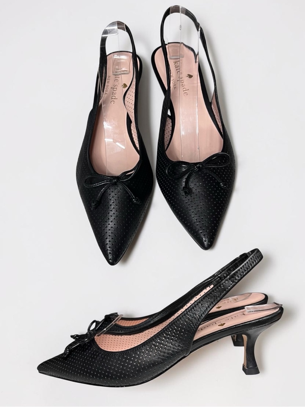 🌻Kate Spade Trish Slingback Sandal Black Perforated Leather Bow Pointed Toe sz6